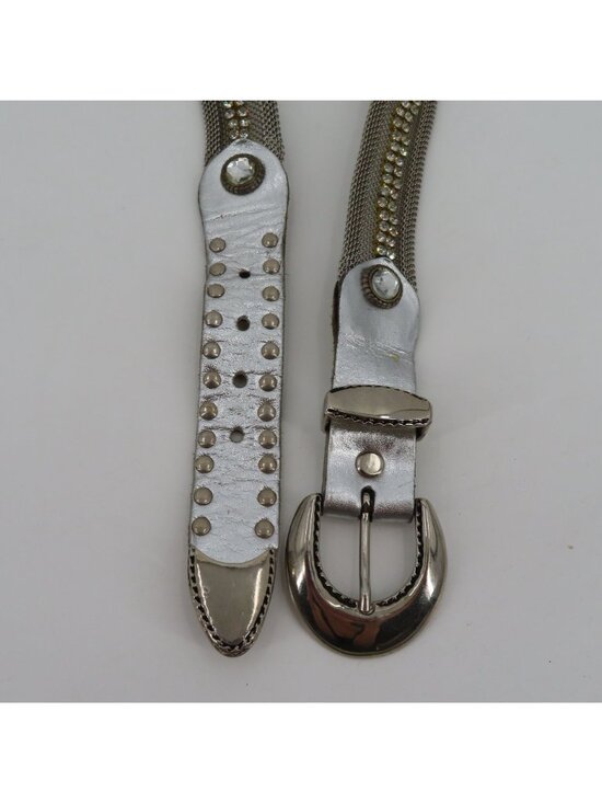 Sand Castle Womens Silver Tone Leather Metal Mesh Studded Rhinestone Belt VTG main image 13